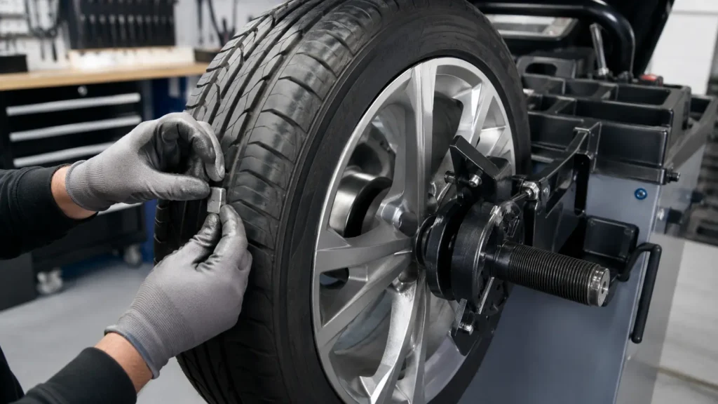 Wiel balanceren en band inspecteren in de werkplaats