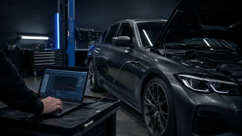 BMW en MINI diagnose met laptop in de werkplaats