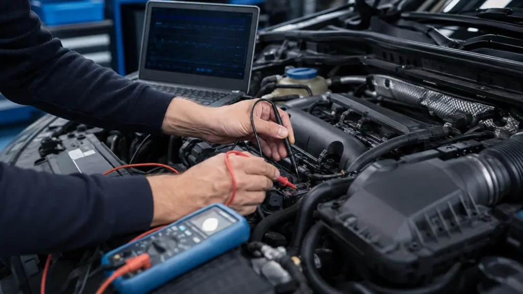 Elektrische diagnose in de motorruimte met meetapparatuur